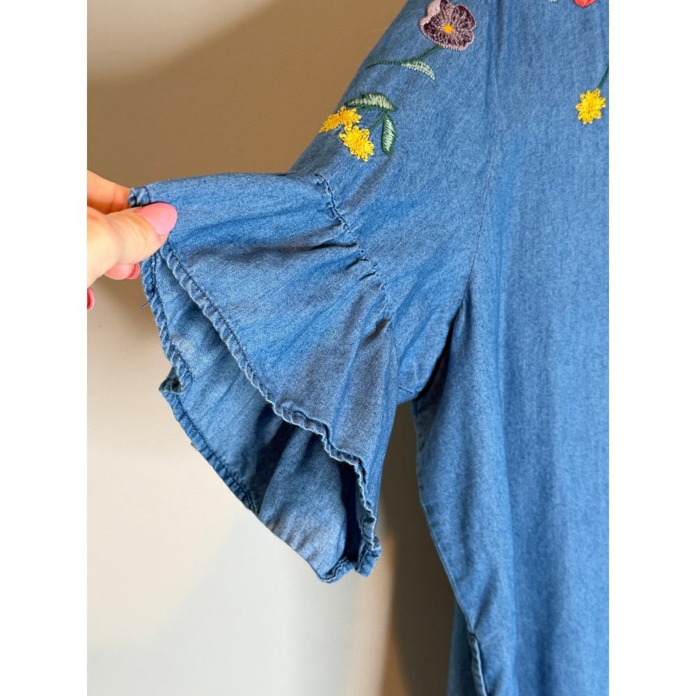 Given Kale Embroidered Floral Chambray Floral Shirt Dress‎ Button Front Boho - Picture 6 of 8